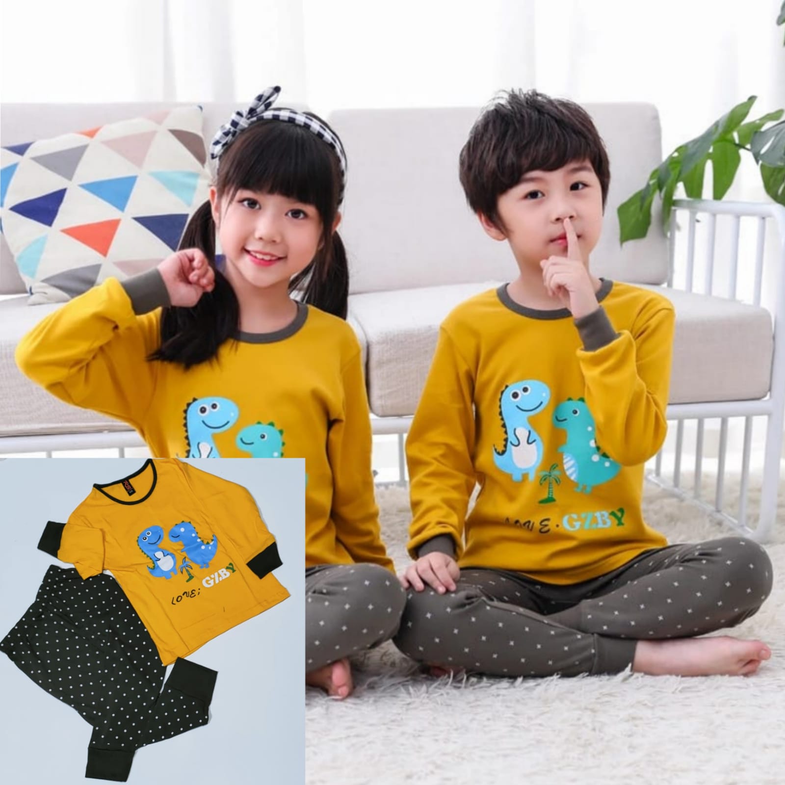 Yellow Double Dino Print T-shirt Trouser Night Suit For Kids (Ne-23)