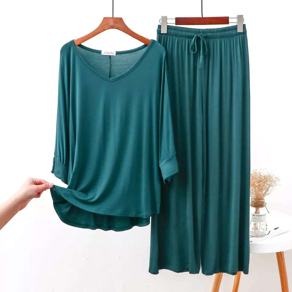 Green V-neck T-shirt With Plazzo Trouser Suit (NE-48)