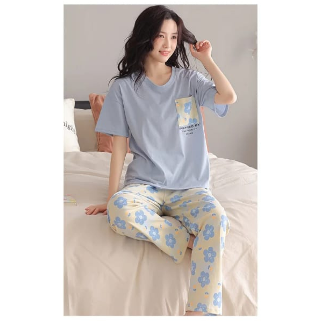 Blue Flower Pocket Print Night Suit For Ladies (NE-61)