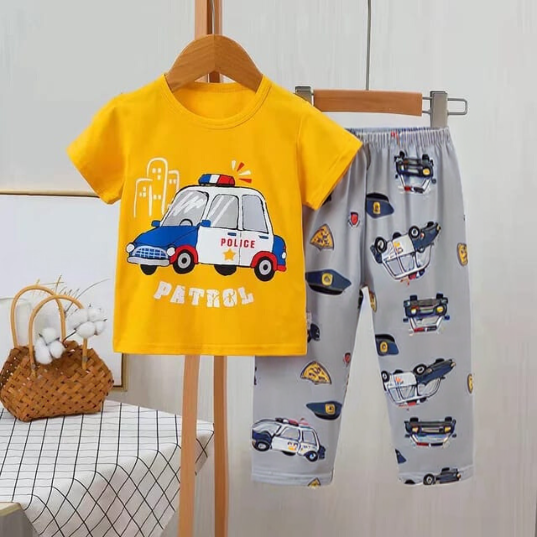 Yellow Car Print T-shirt Trouser Night Suit For Kids (Ne-38)