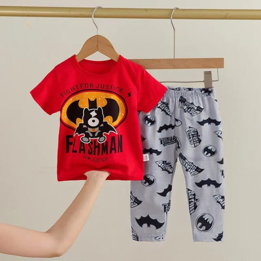 Red Bat Print T-shirt Trouser Night Suit For Kids (Ne-37)