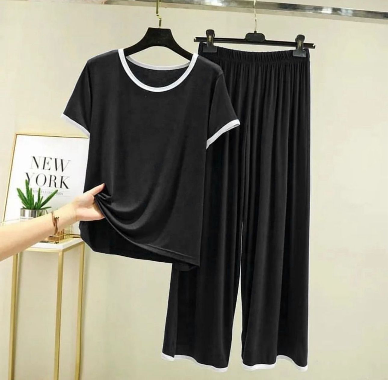 Black With White Pipin Half Sleeves T-shirt With Plazzo Trouser Suit (NE-97)