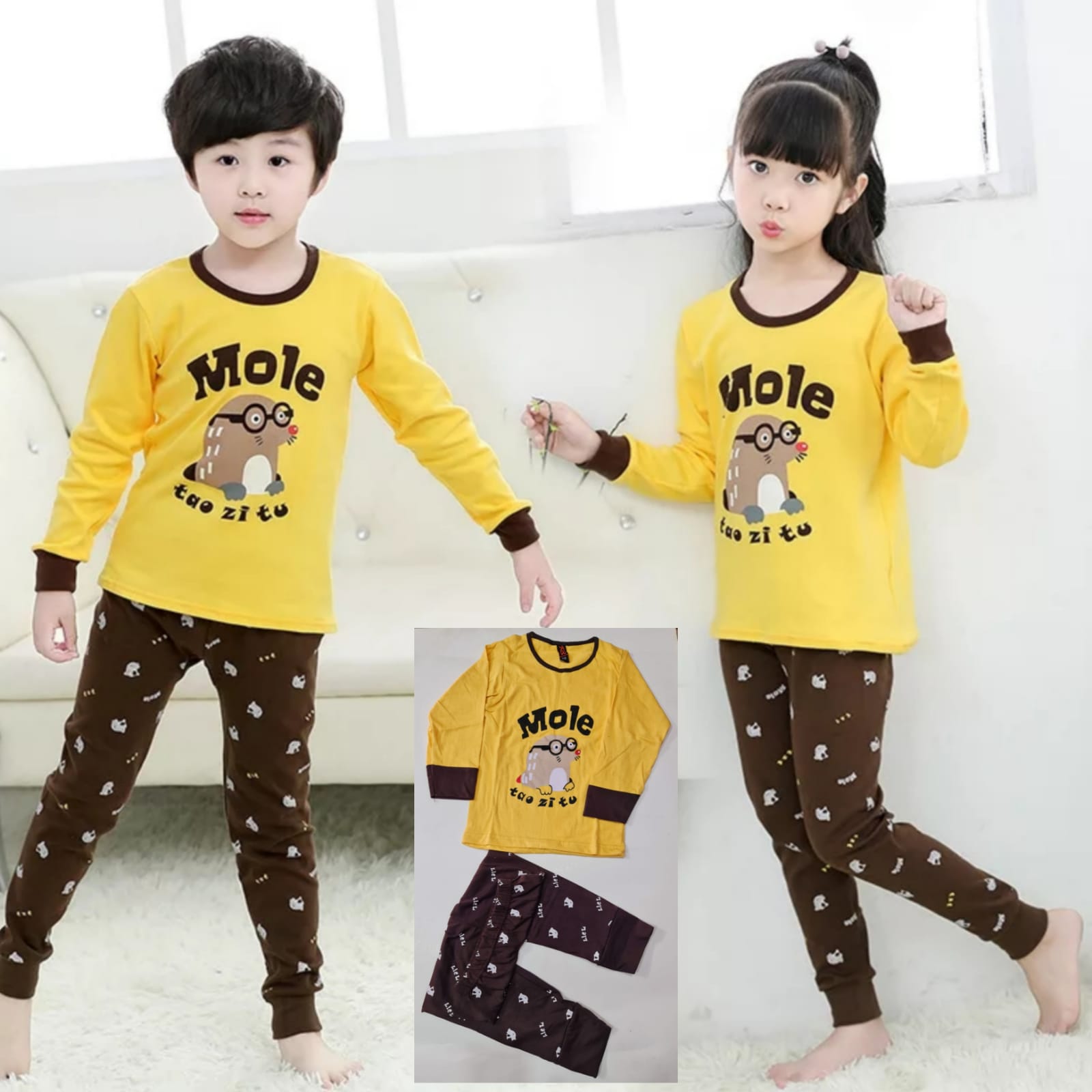 Yellow Mole Print T-shirt Trouser Night Suit For Kids (Ne-33)