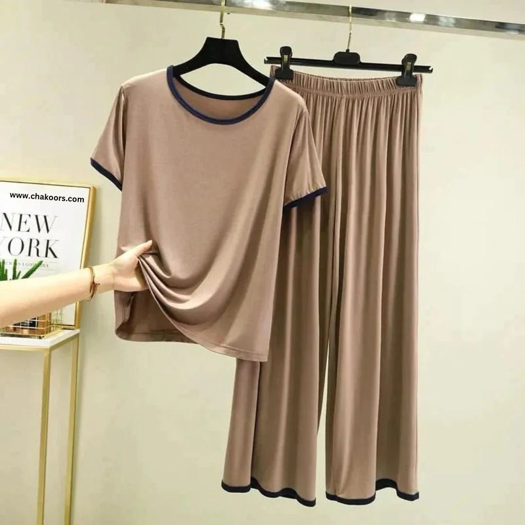 Brown With Black Pipin Half Sleeves T-shirt With Plazzo Trouser Suit (NE-94)