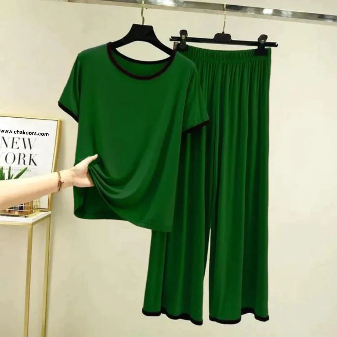 Green With Black Pipin Half Sleeves T-shirt With Plazzo Trouser Suit (NE-96)