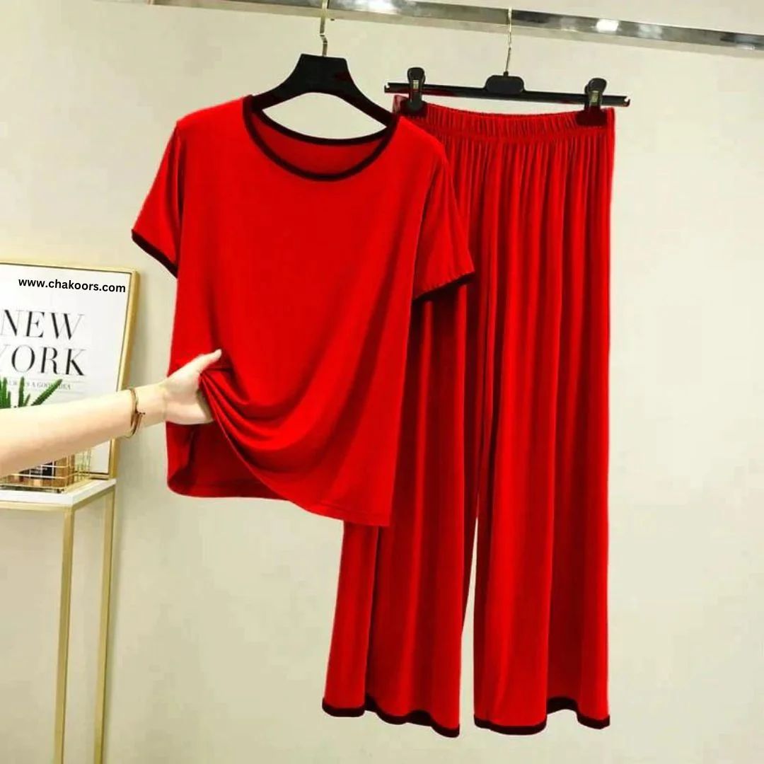 Red With Black Pipin Half Sleeves T-shirt With Plazzo Trouser Suit (NE-95)