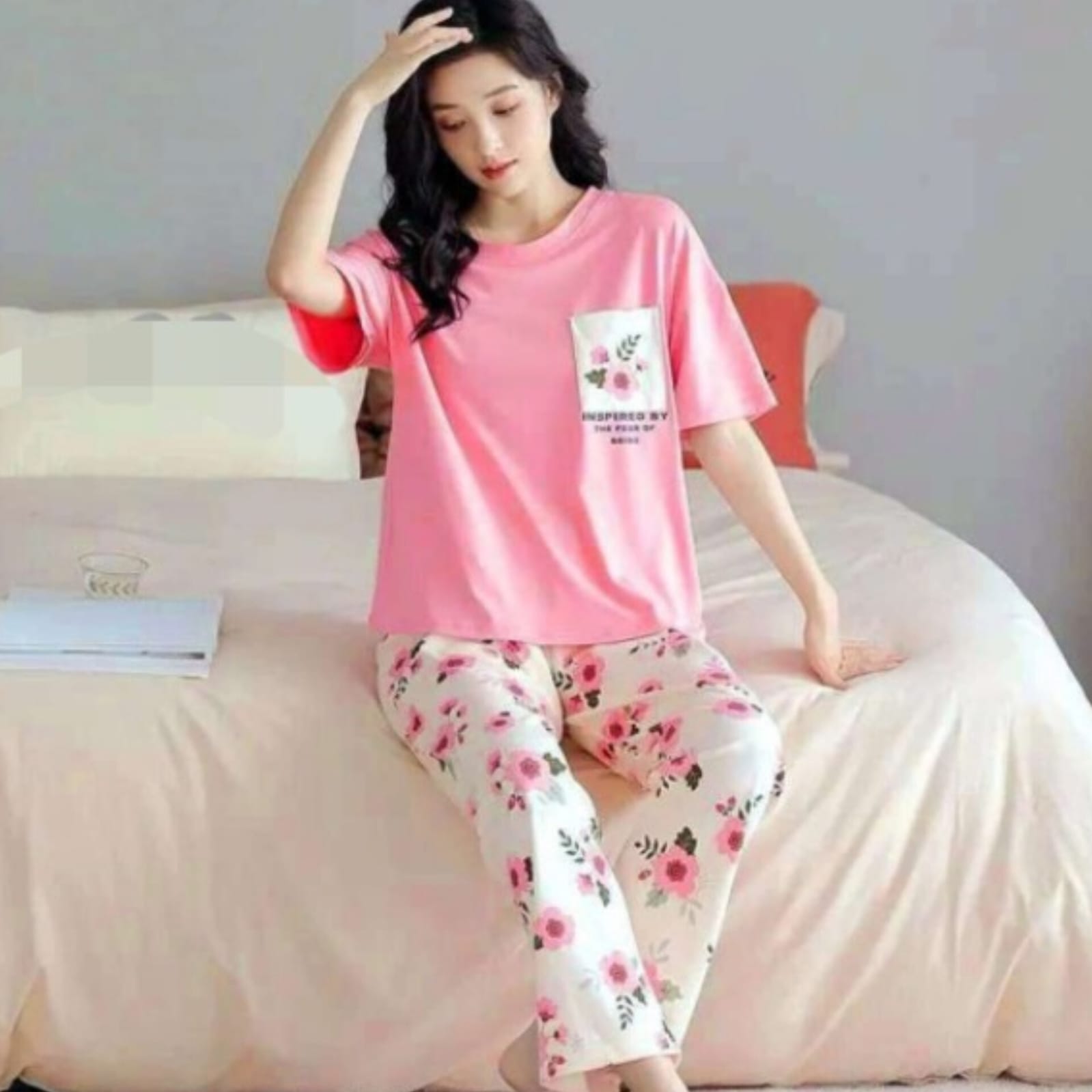 Pink Flower Pocket Print Night Suit For Ladies (NE-62)