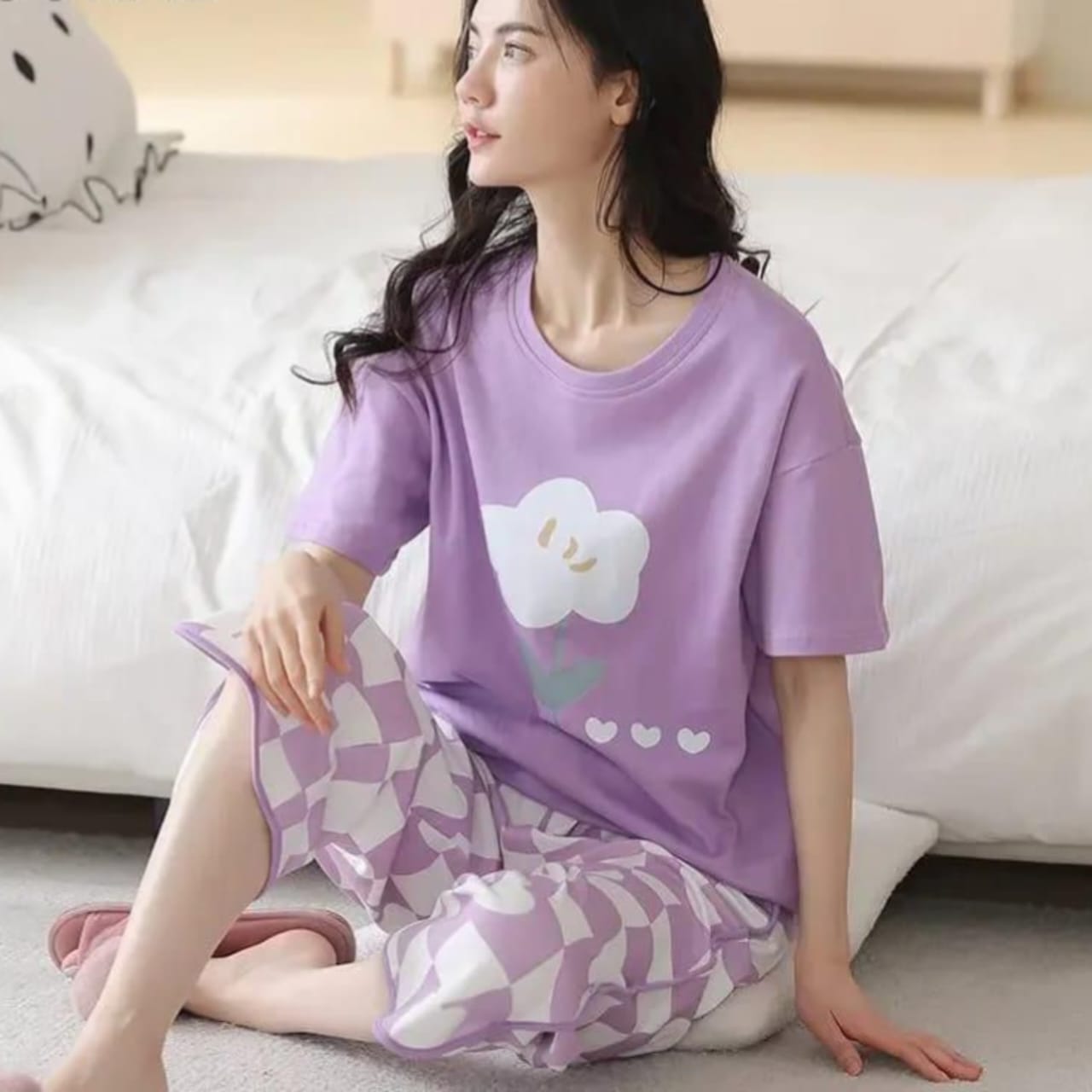 Purple Flower Print Night Suit For Ladies (NE-64)