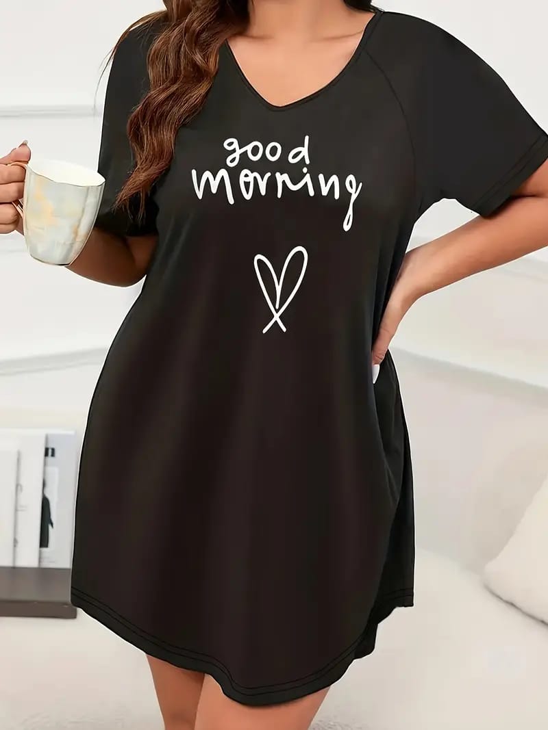 Black Good Morning Print Long Shirt For Women (NE-81)