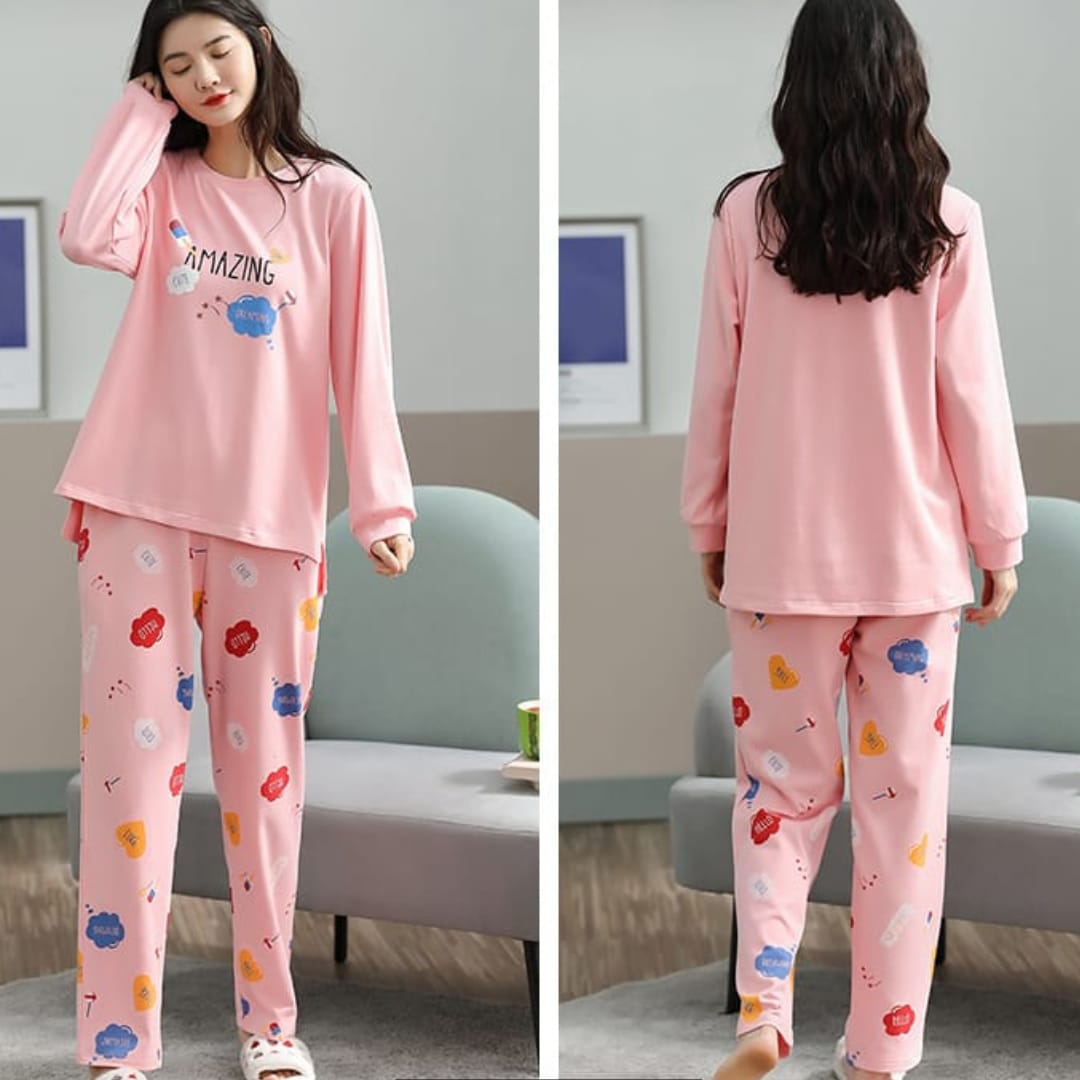 Pink Amazing Print Night Suit For Ladies (NE-55)