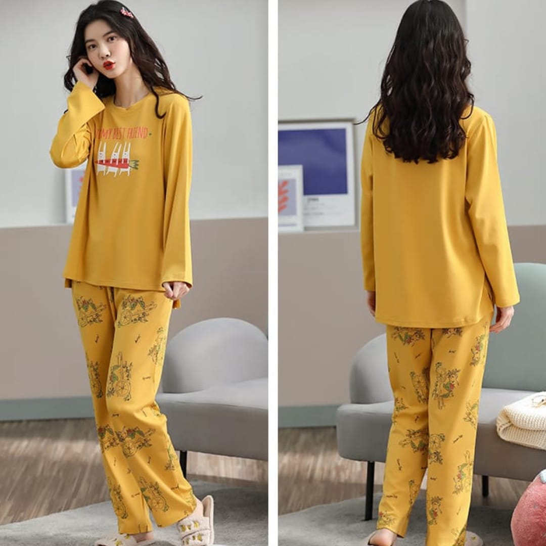 Yellow My Bestfriend Print Night Suit For Ladies (NE-56)