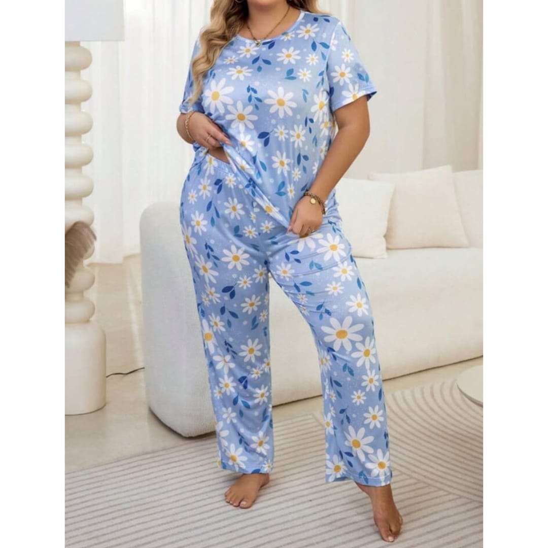 Blue Flowers Print Night Suit For Ladies (NE-66)