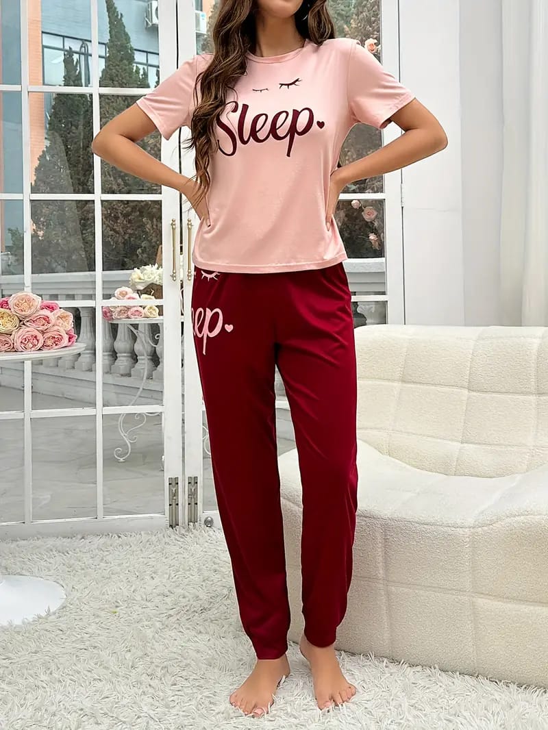 Pink With Maroon Sleep Print Night Suit For Ladies (NE-58)