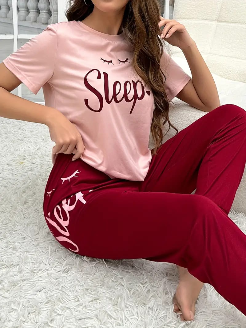 Pink With Maroon Sleep Print Night Suit For Ladies (NE-58)