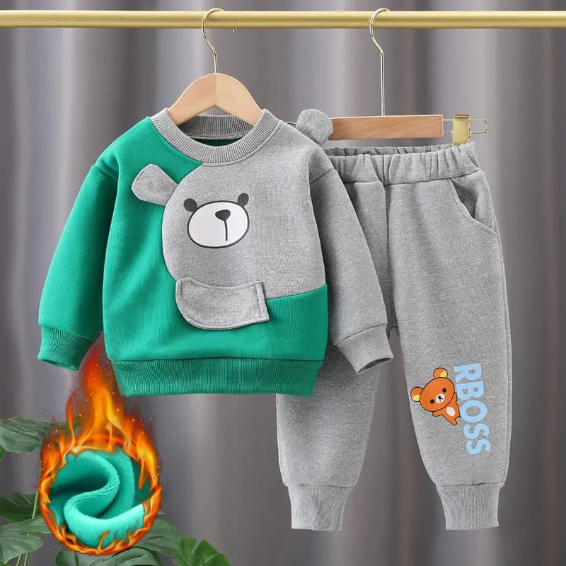 Green With Grey Bear Printed Sweatshirt With Printed Trouser Suit For Kids (Ne-16)