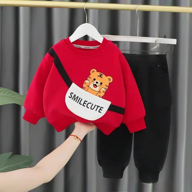 Red Tiger Smile Cute Printed Sweat Shirt With Black Trouser For Kids (Ne-03)