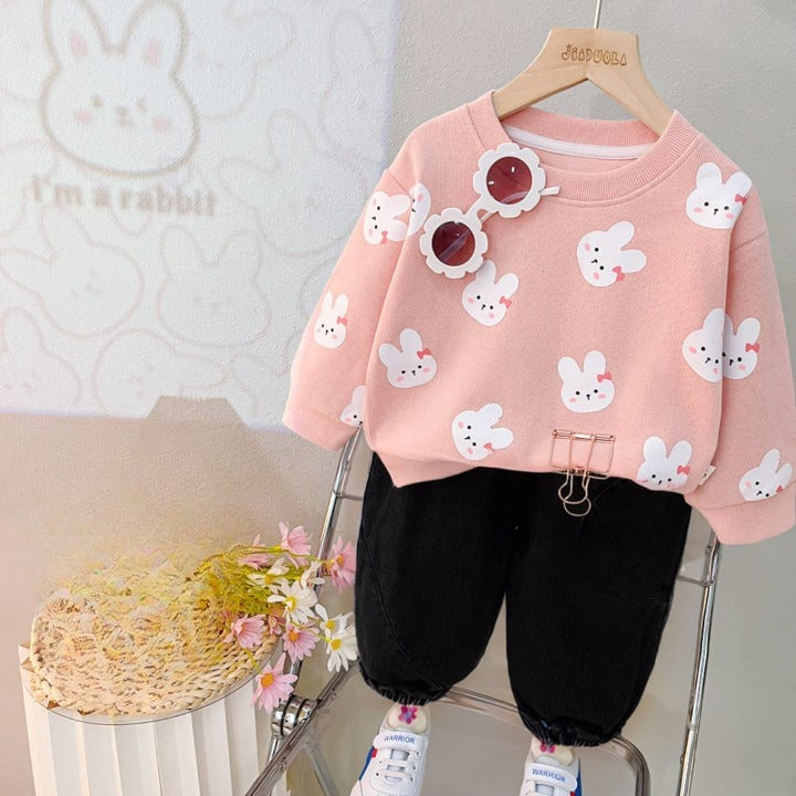 Pink With White Kitty Printed Sweat Shirt And Trouser For Kids (Ne-02)