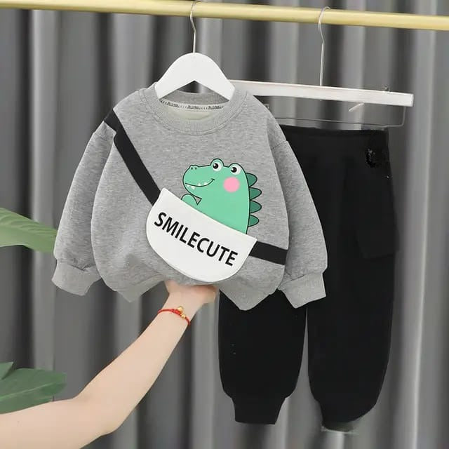 Grey Crocodile Smile Cute Printed Sweat Shirt With Black Trouser For Kids (Ne-04)