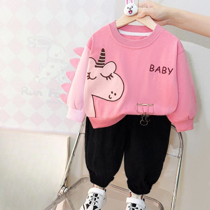 Pink Unicorn Printed Sweat Shirt With Black Trouser For Kids (Ne-06)