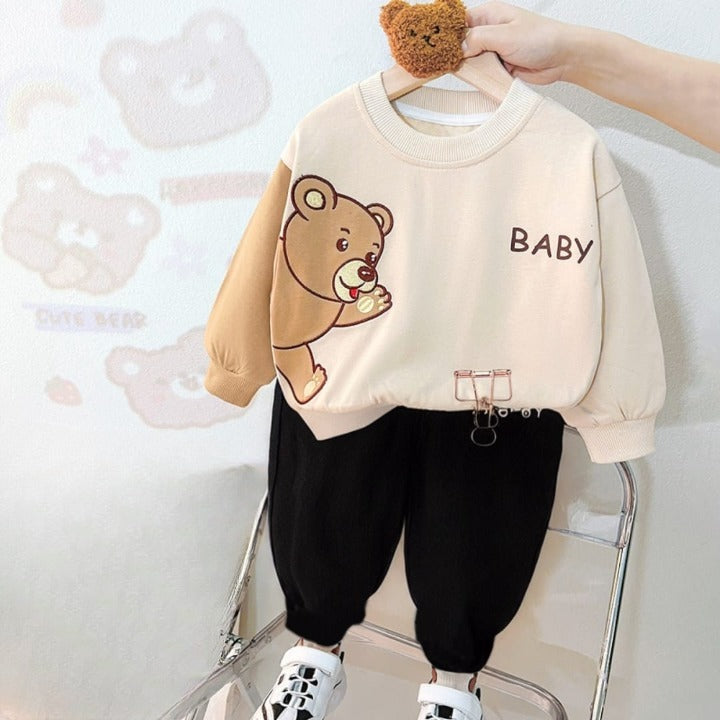 Off White Baby Bear Printed Sweat Shirt With Black Trouser For Kids (Ne-05)