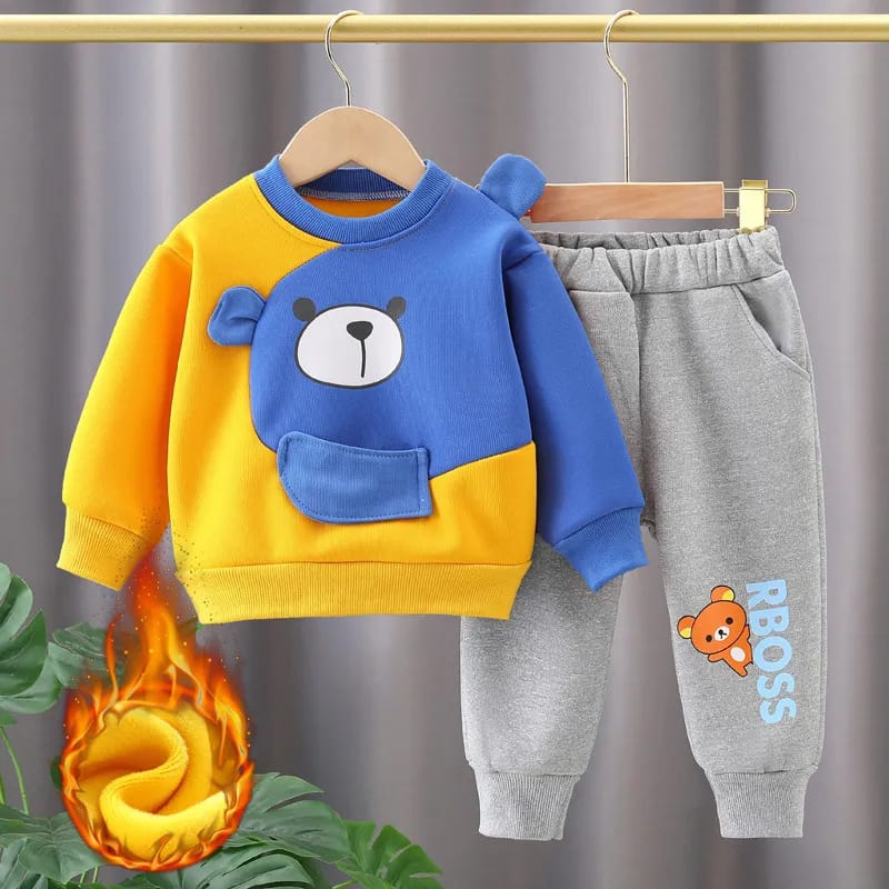 Yellow With Blue Bear Printed Sweatshirt With Printed Trouser Suit For Kids (Ne-15)