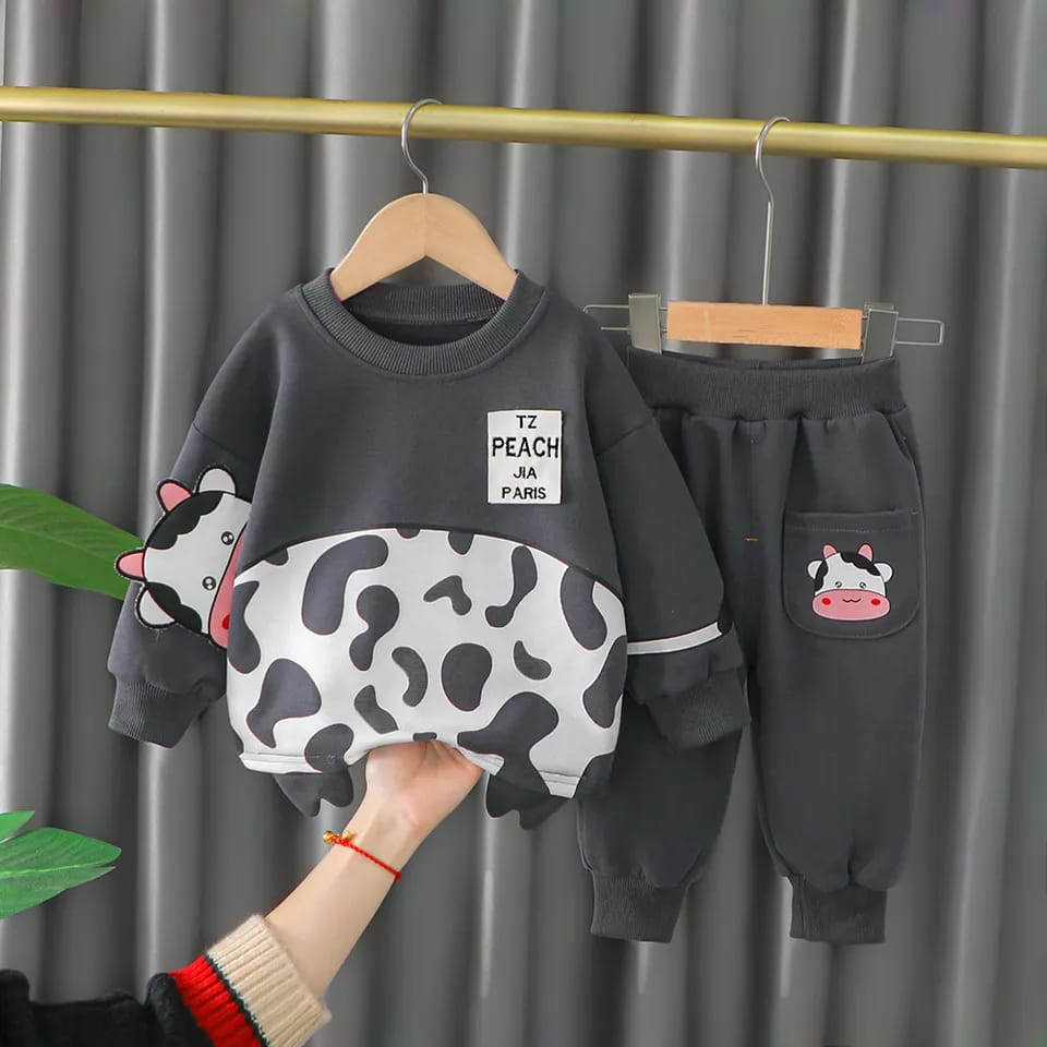 Black Cow Printed Sweat Shirt With Trouser For Kids (Ne-10)