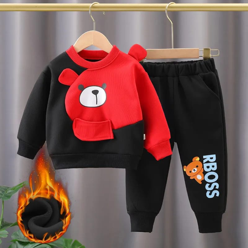 Black With Red Bear Printed Sweatshirt With Black Printed Trouser Suit For Kids (Ne-14)