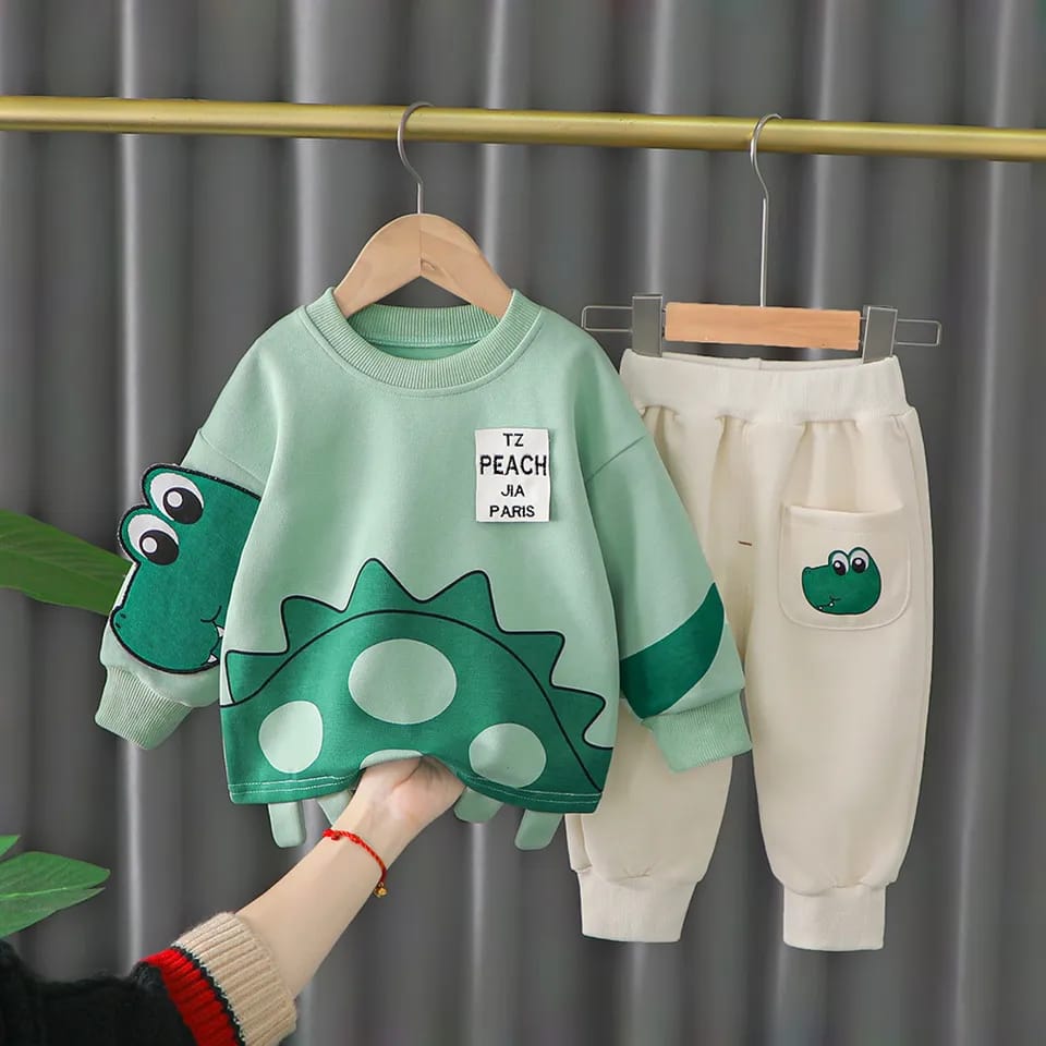 Green Dino Printed Sweatshirt With Printed Trouser Suit For Kids (Ne-18)