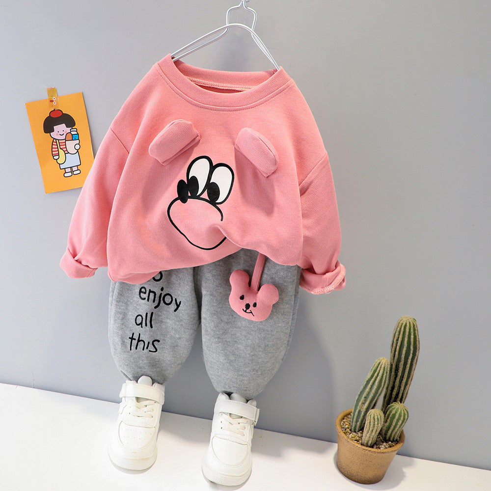 Pink Mickey Printed Sweatshirt With Grey Printed Trouser Suit For Kids (Ne-12)