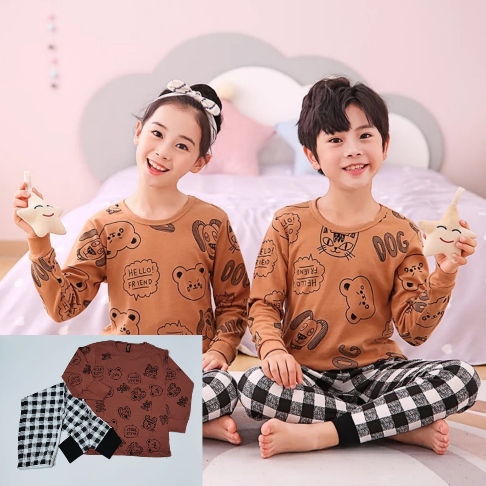 Brown Cute Dog Print T-shirt Trouser Night Suit For Kids (Ne-27)