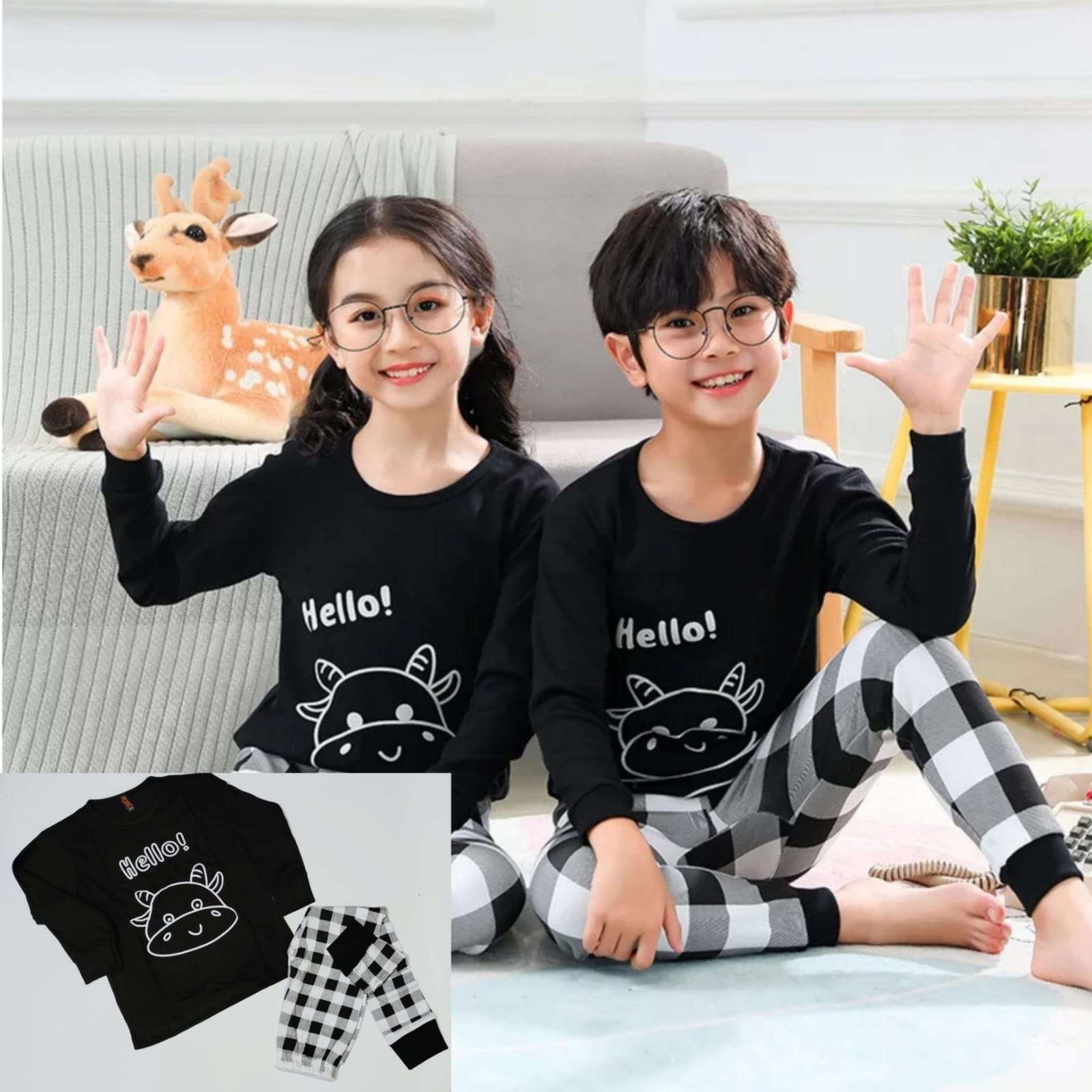 Black Hello Cow Print T-shirt Trouser Night Suit For Kids (Ne-29)