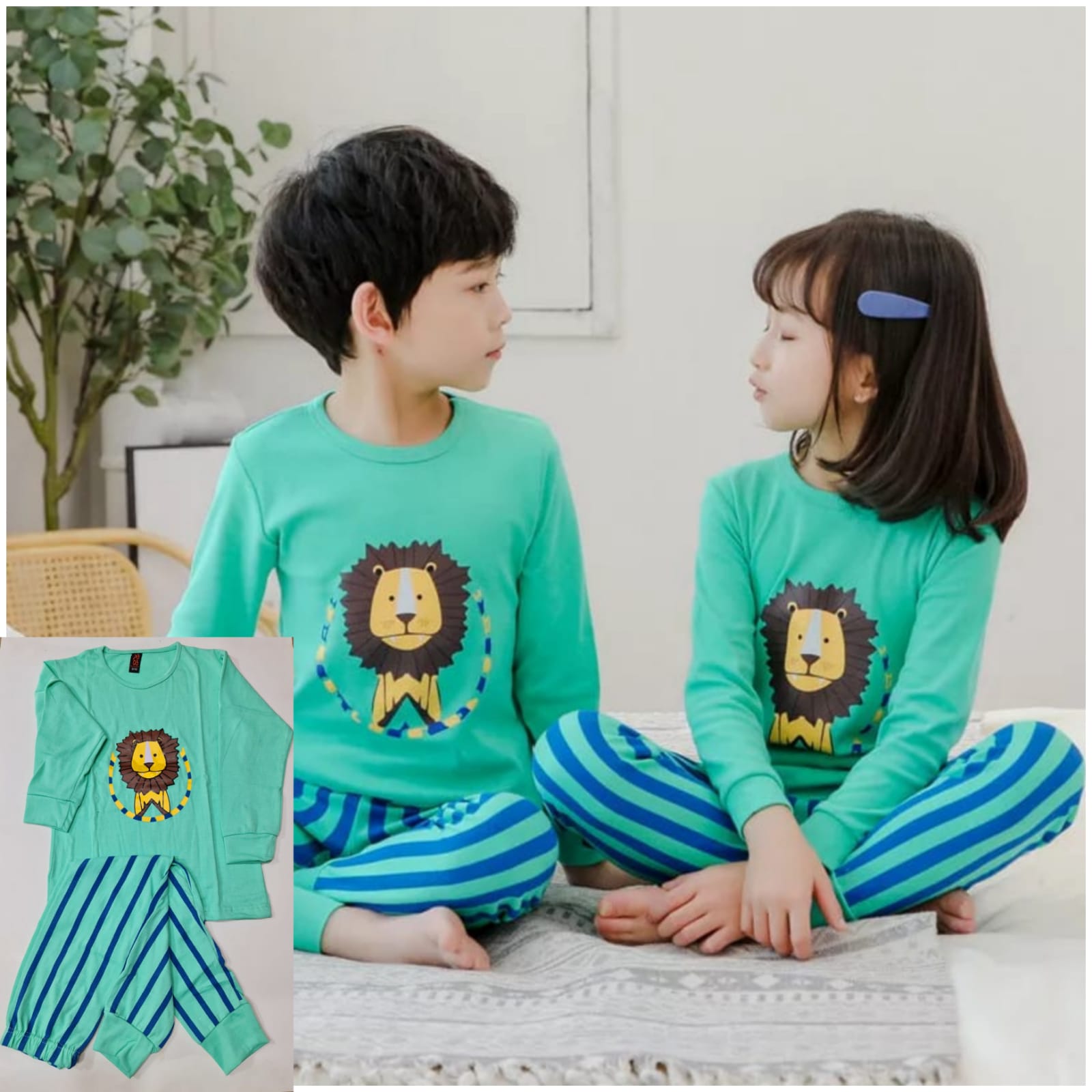 Sea Green Lion Print T-shirt Trouser Night Suit For Kids (Ne-32)