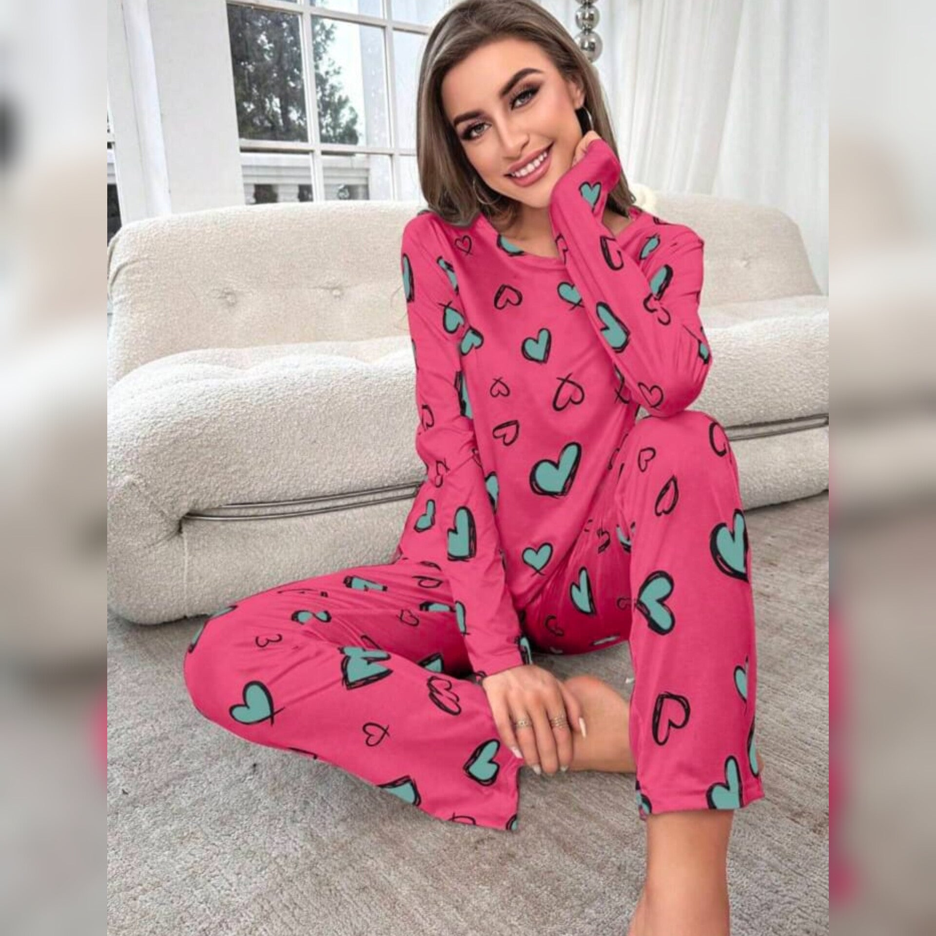 Shocking Pink With Green Hearts Print Night Suit For Ladies (NE-67)