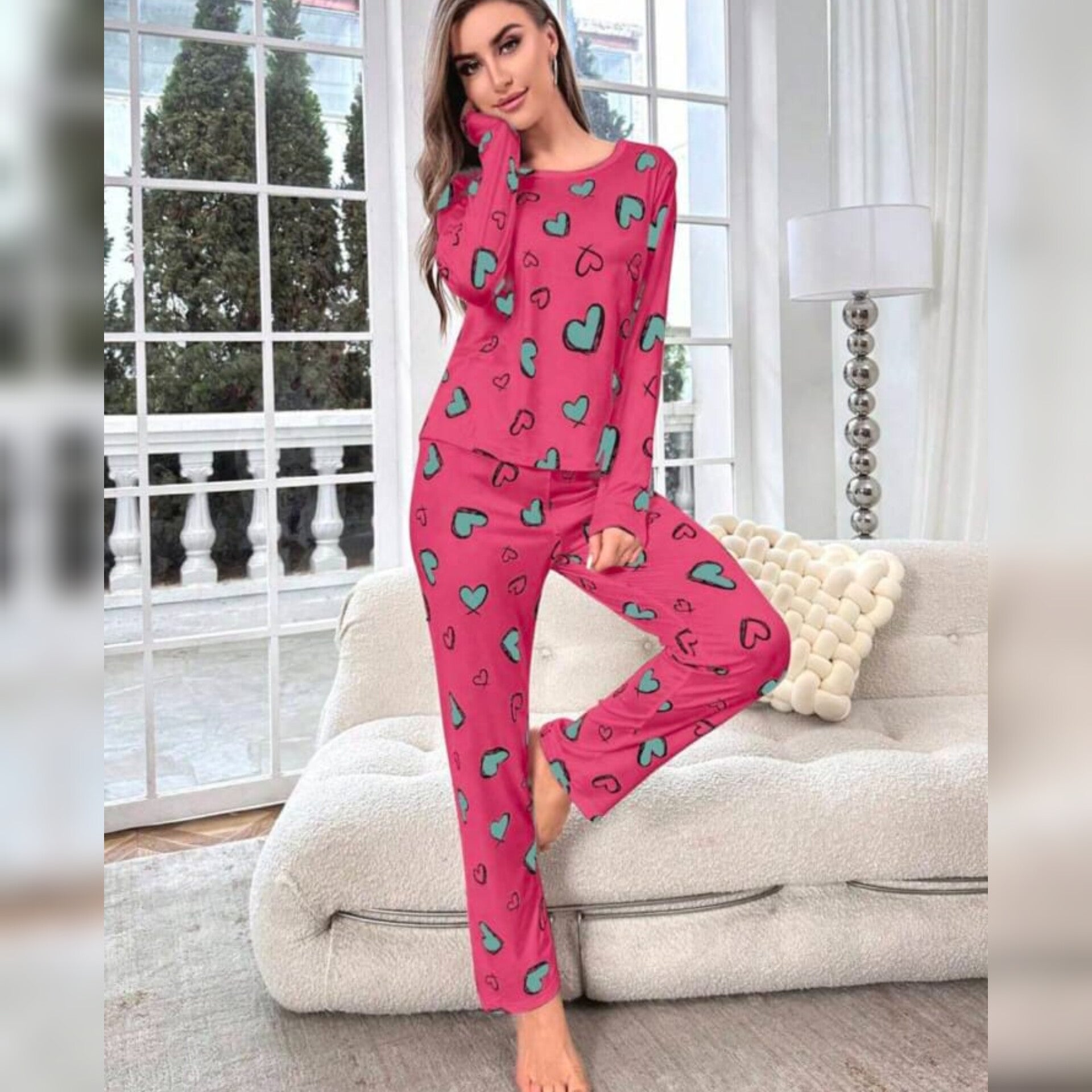 Shocking Pink With Green Hearts Print Night Suit For Ladies (NE-67)