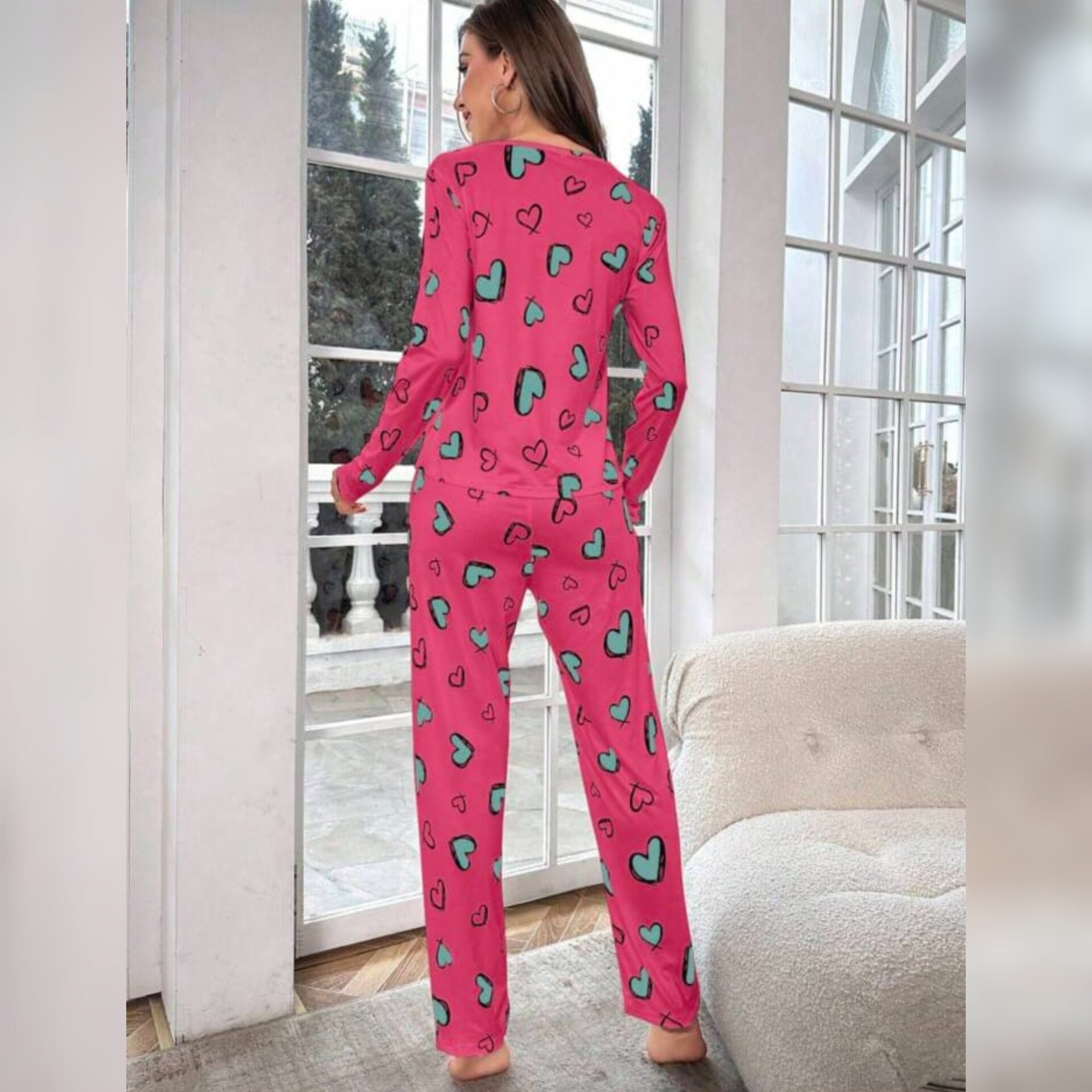 Shocking Pink With Green Hearts Print Night Suit For Ladies (NE-67)