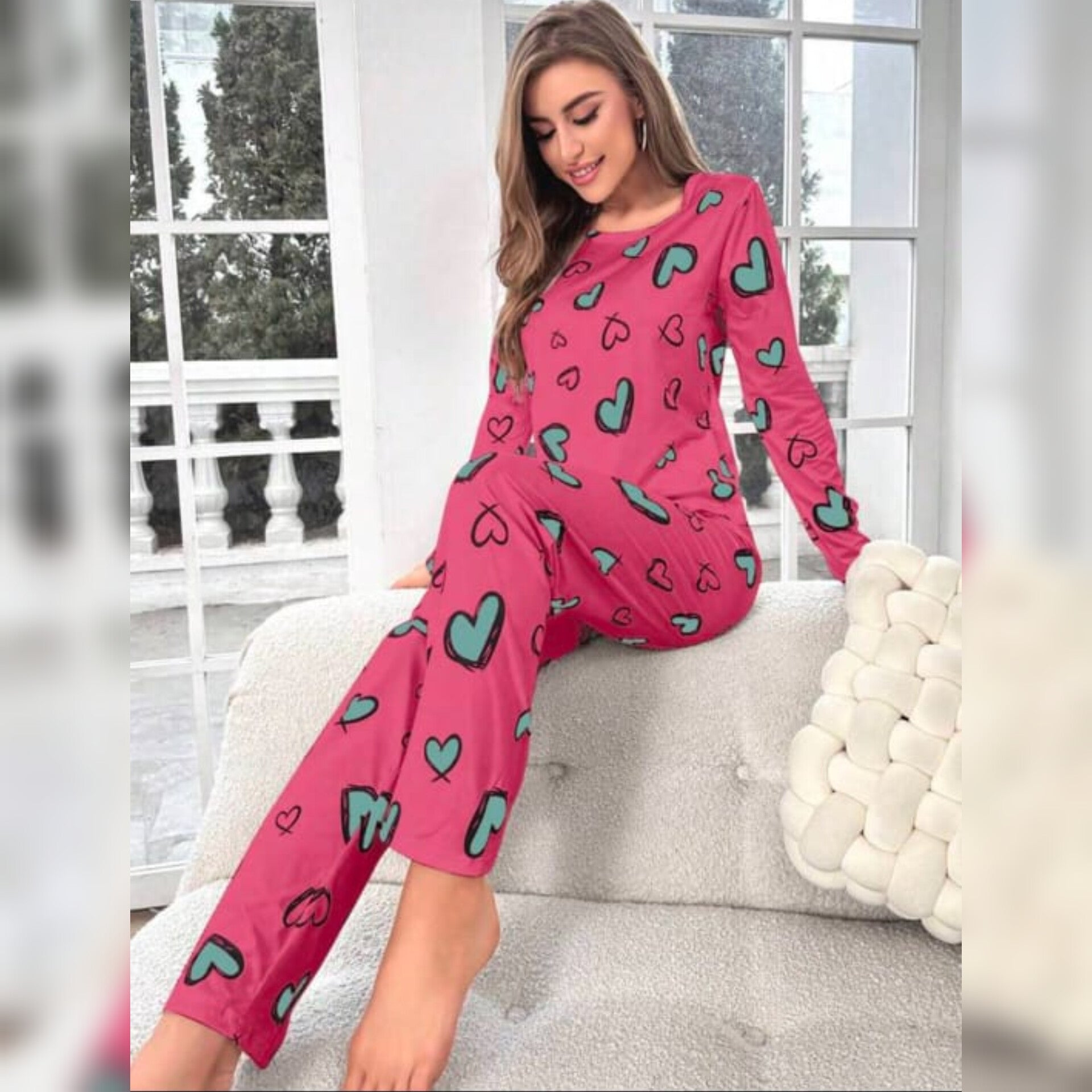 Shocking Pink With Green Hearts Print Night Suit For Ladies (NE-67)