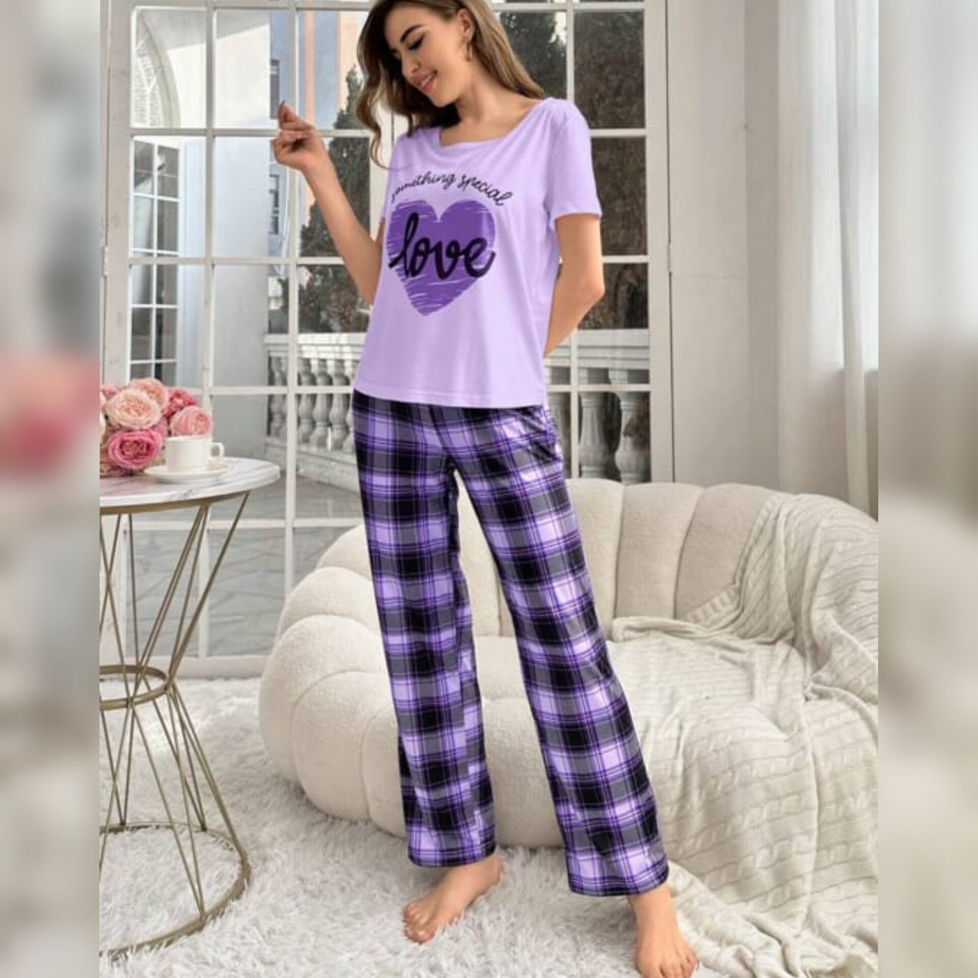 Purple Love Heart Check Pajama Print Night Suit For Ladies (NE-60)