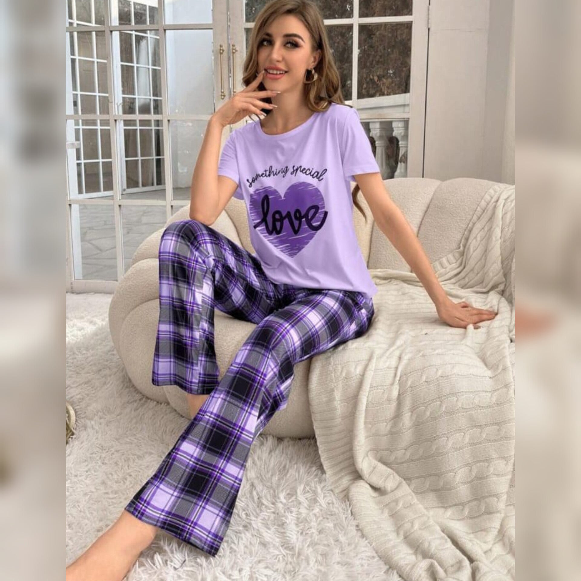 Purple Love Heart Check Pajama Print Night Suit For Ladies (NE-60)