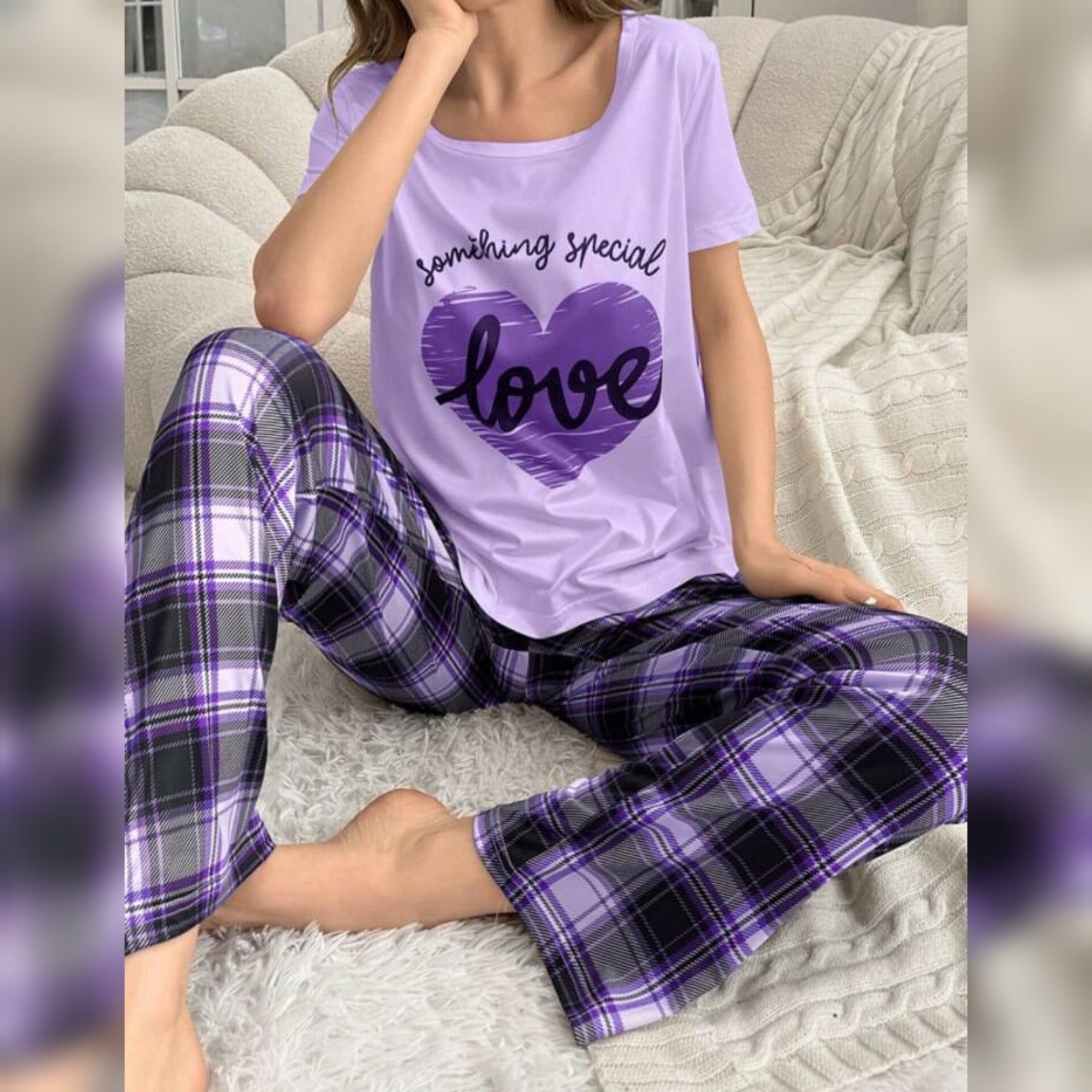 Purple Love Heart Check Pajama Print Night Suit For Ladies (NE-60)